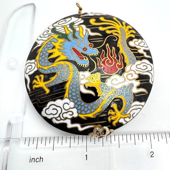 Cloisonne Vtg Enamel Dragon Black Bead Clouds Fire 2" Diameter Gold-Tone Trim - Picture 2 of 7